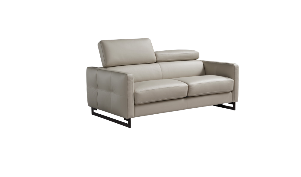 Mal two-seater sofa bed in light grey leather, angled view showing raised headrest and metal base