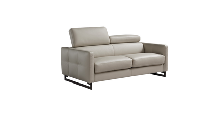 Mal two-seater sofa bed in light grey leather, angled view showing raised headrest and metal base