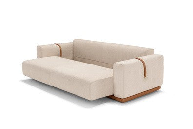 Memo sofa bed with the seat pulled forward, first step of the multi-step opening mechanism