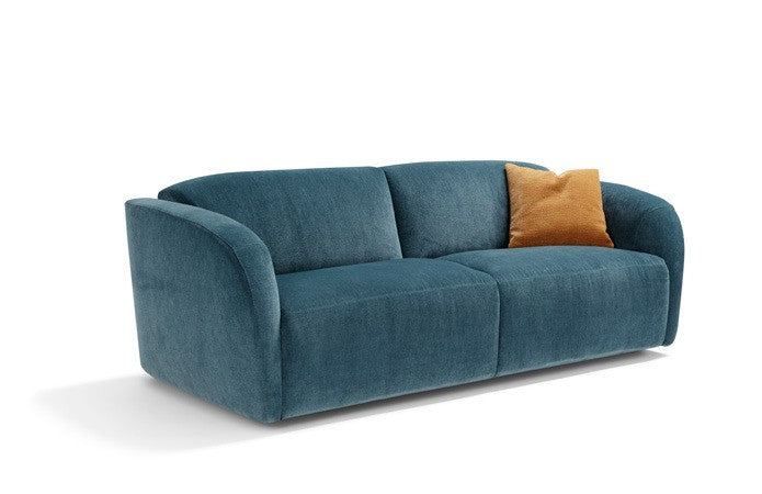 Minerva sofa bed in teal blue fabric with rounded armrests and backrest, closed as a three-seater sofa