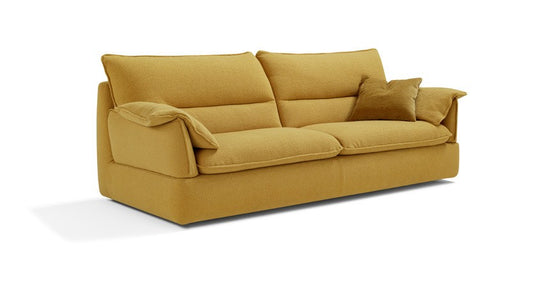 Placido sofa bed in yellow fabric, three-quarter view on white background