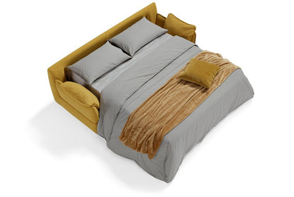 Placido sofa bed opened into a double bed with mattress, pillows and throw