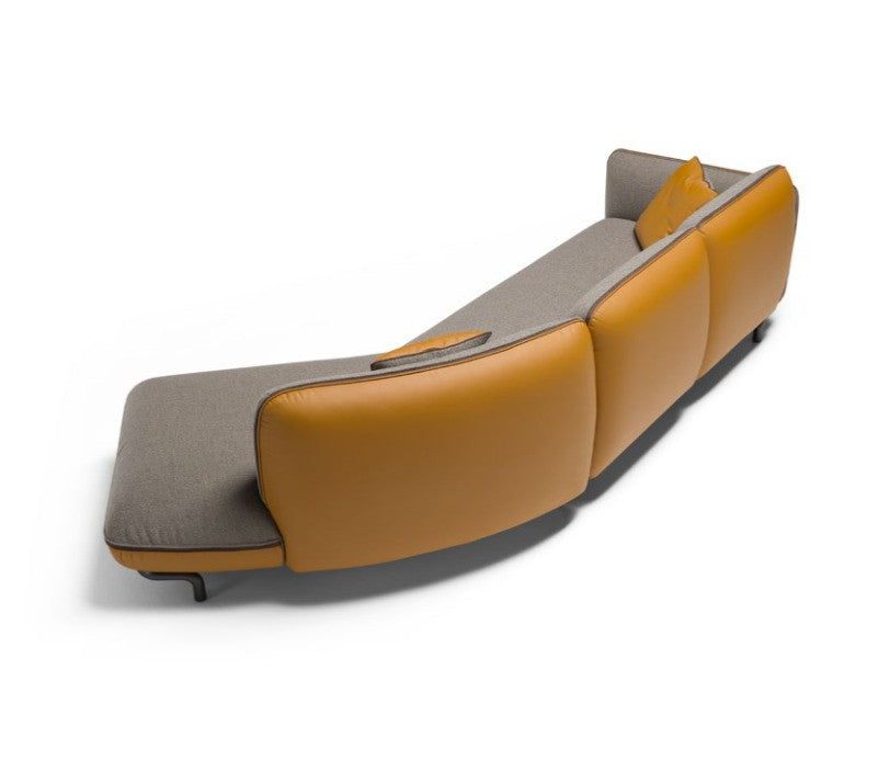 Rock corner sectional sofa in grey fabric and mustard leather, three-quarter rear view on a white background