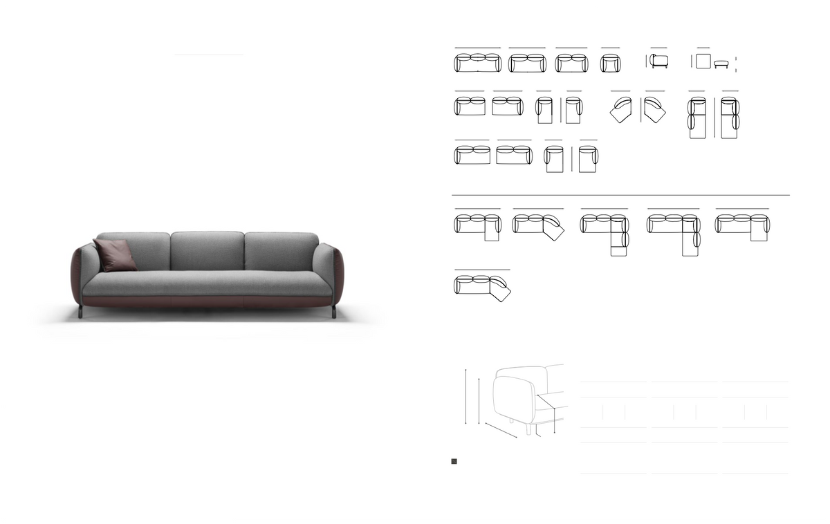 Rock three-seater sofa in grey fabric with burgundy leather base, front view on a white background