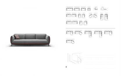 Rock three-seater sofa in grey fabric with burgundy leather base, front view on a white background