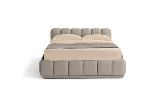 Sacai bed front view in grey leather with padded channel-stitched headboard and bed frame on white background