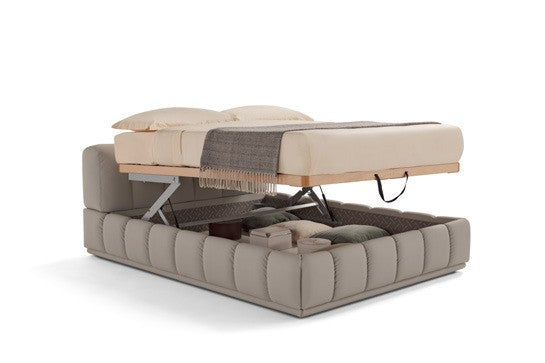 Sacai storage bed with the double-lift mechanism raised, showing the storage container under the mattress