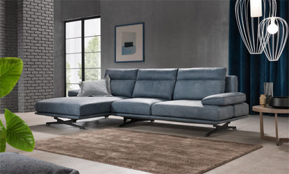 Blue leather corner sectional sofa with chaise in a modern living room