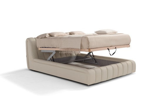 Scervino storage bed with the double-lift base raised, revealing the storage compartment beneath the mattress