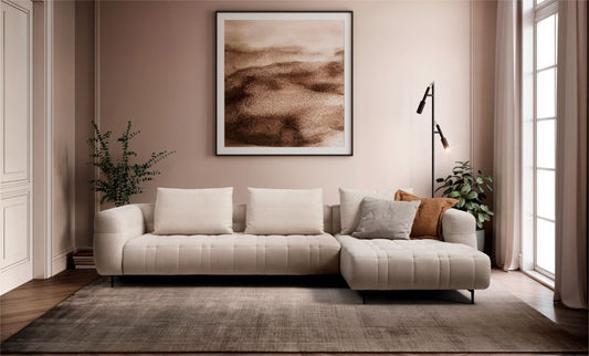 Sherry sectional sofa with chaise longue in a warm, sophisticated living room setting