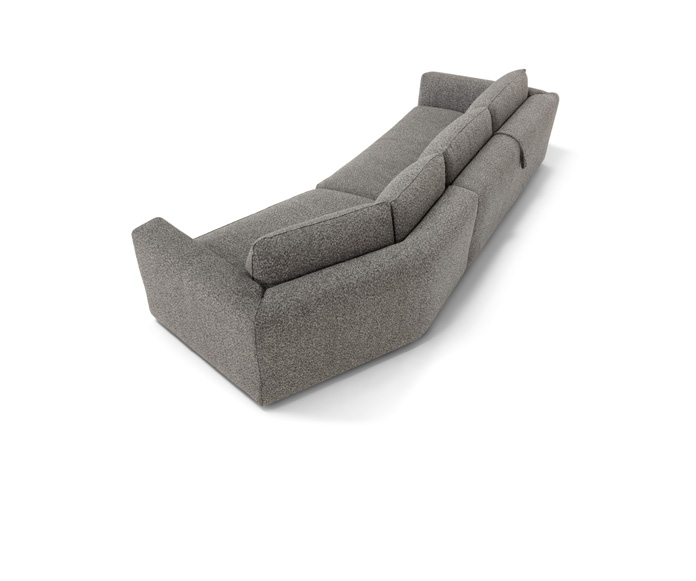 Rear three-quarter view of the Siria sofa bed with angled element in grey boucle fabric