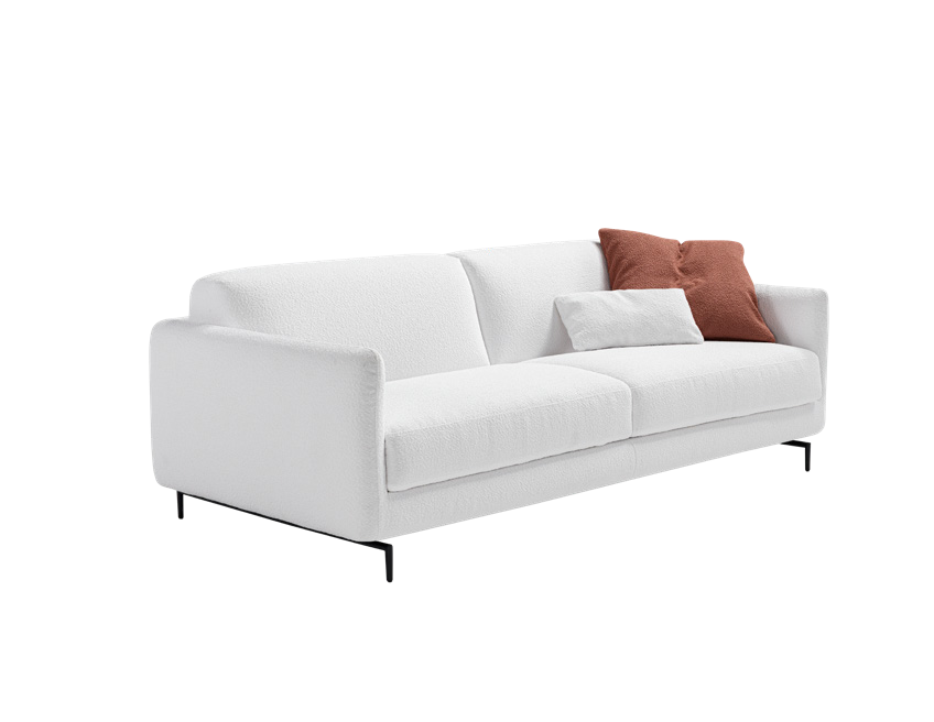 Solar sofa bed in white fabric with black metal legs, three-quarter view on white background
