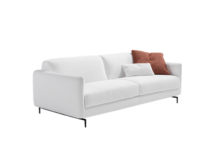 Solar sofa bed in white fabric with black metal legs, three-quarter view on white background