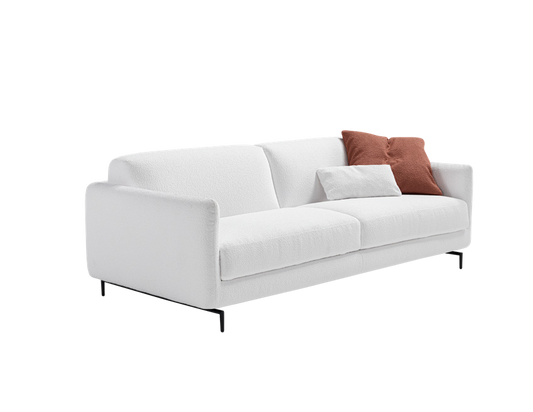 Solar sofa bed in white fabric with black metal legs, three-quarter view on white background