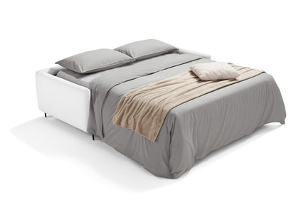 Solar sofa bed opened into a bed with mattress, grey bedding and pillows