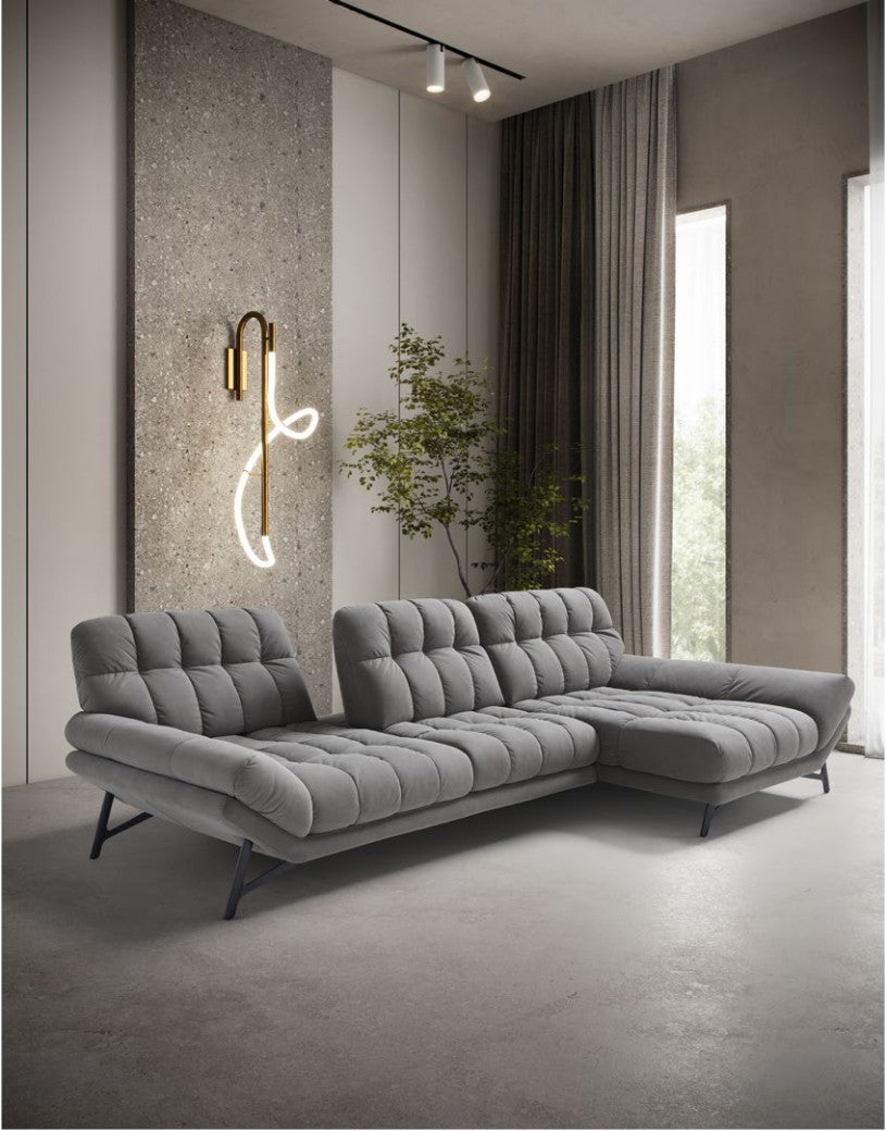 Spiga sectional sofa in grey fabric with chaise longue element and tilting backrests in a contemporary living room
