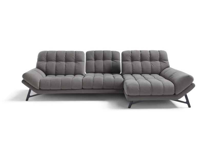 Spiga sectional sofa in grey fabric with chaise longue, front view on white background