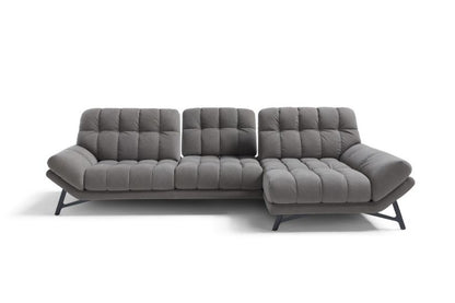 Spiga sectional sofa in grey fabric with chaise longue, front view on white background
