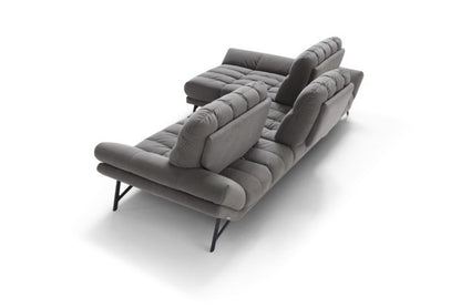 Spiga sectional sofa in grey fabric seen from behind, showing the tilting backrests and open metal base