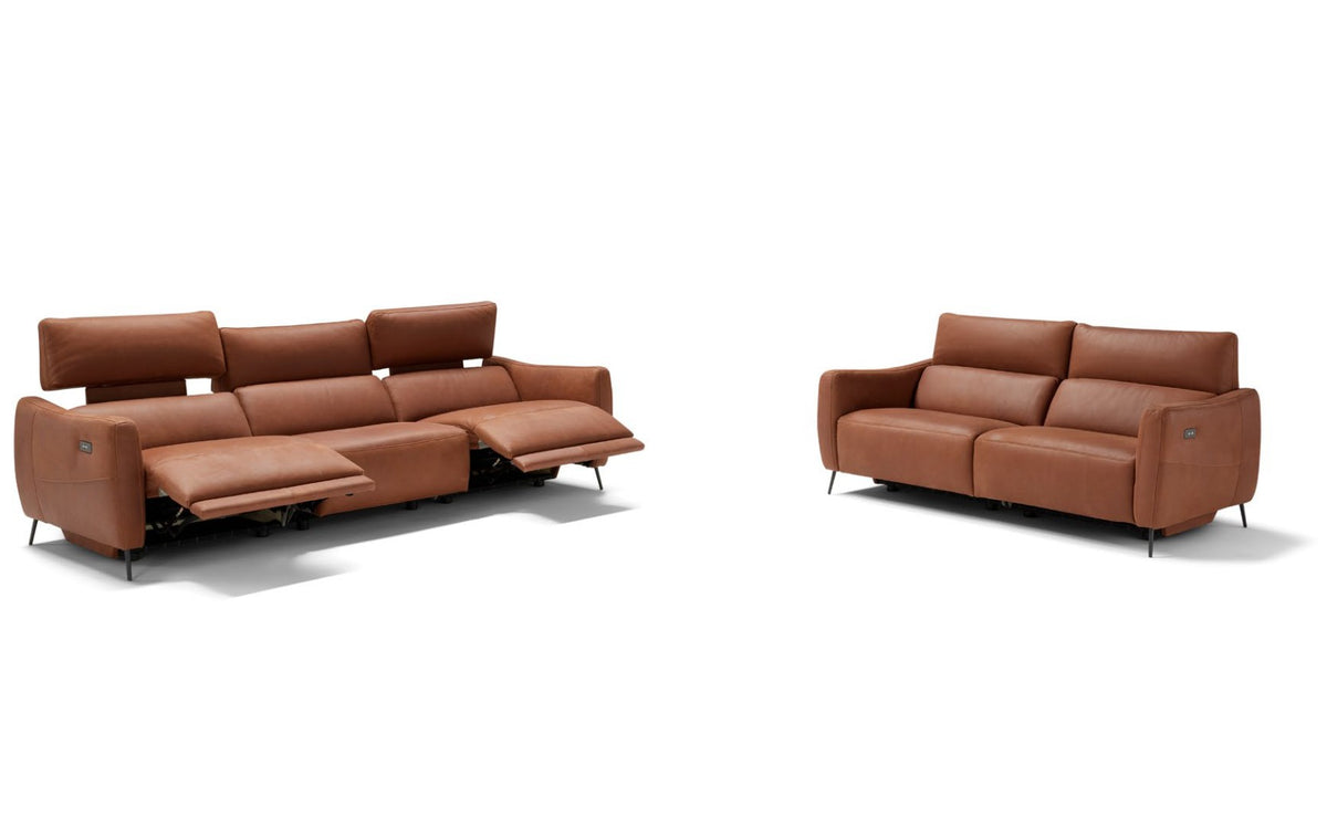 Valentini three-seater sofa with electric reclining seats extended and headrests raised, beside the two-seater version, in cognac leather on white