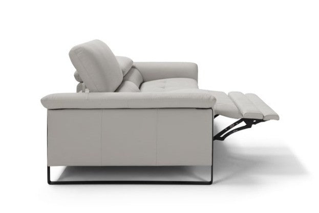 Side view of the Vitti sofa with the electric recliner seat fully extended and the headrest raised