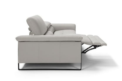 Side view of the Vitti sofa with the electric recliner seat fully extended and the headrest raised